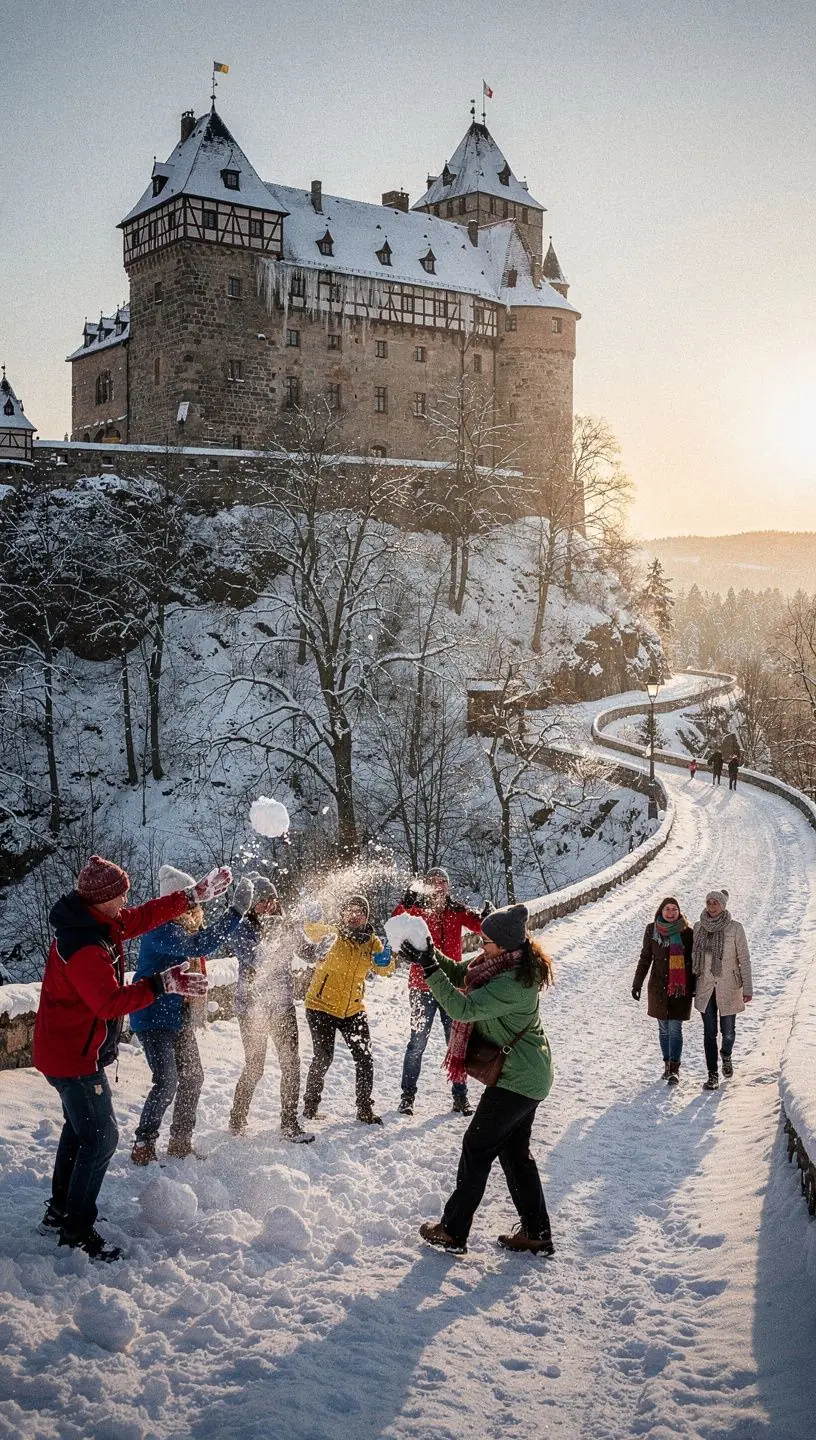 Mehrtägige Touristenwanderung entlang eines Themenpfades durch eine historische Altstadt mit Fachwerkhäusern.