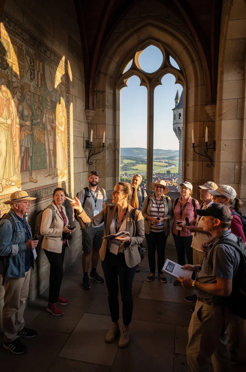 Panorama einer imposanten Schlossruine umgeben von dichtem Wald und Wanderwegen in Deutschland.