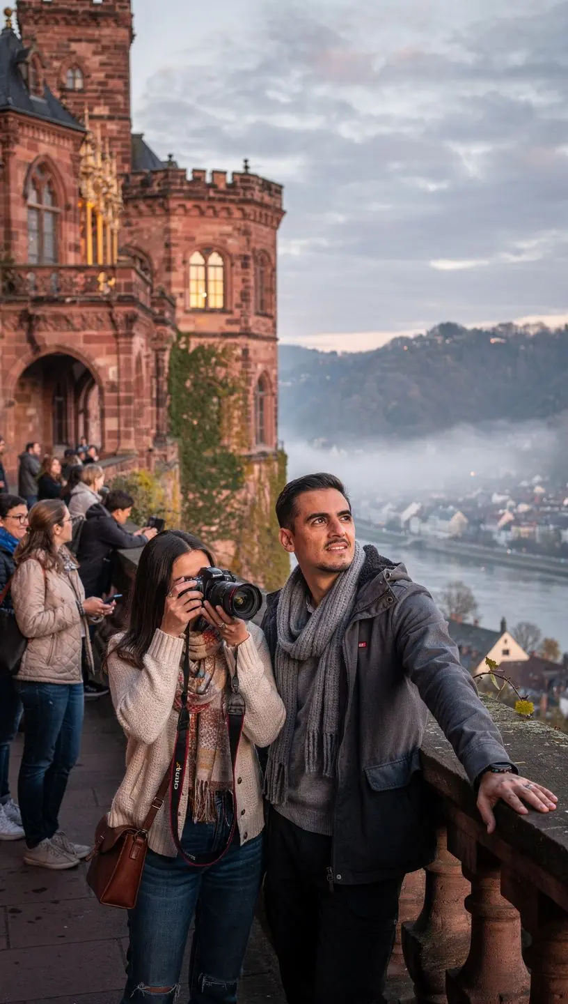 Besuchergruppe bei einer interaktiven Führung durch ein Schlossmuseum mit historischen Kleidern und Artefakten.