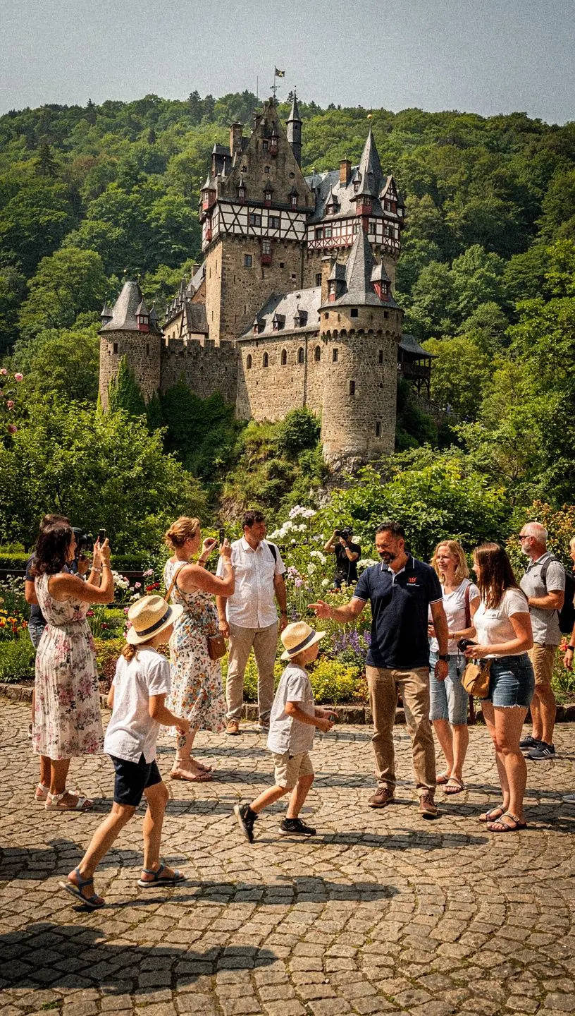 Geführte Gruppe von Reisenden erkundet eine mittelalterliche Burg mit einem erfahrenen Reiseleiter.